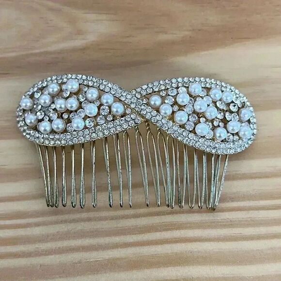 Silver Tone Rhinestone and Faux Pearls Hair Comb Hair Piece - Picture 2 of 5
